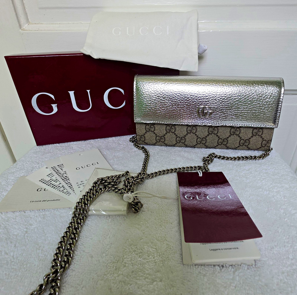 Gucci Supreme Canvas & Metallic Silver Leather Wallet on Chain Crossbody w/COA